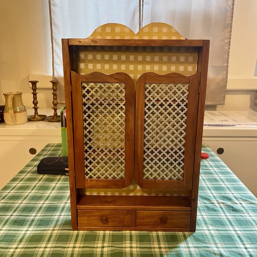 Vintage Wooden Spice Rack Apothecary Cabinet Wall Hanging w/ Lattice Door MCM